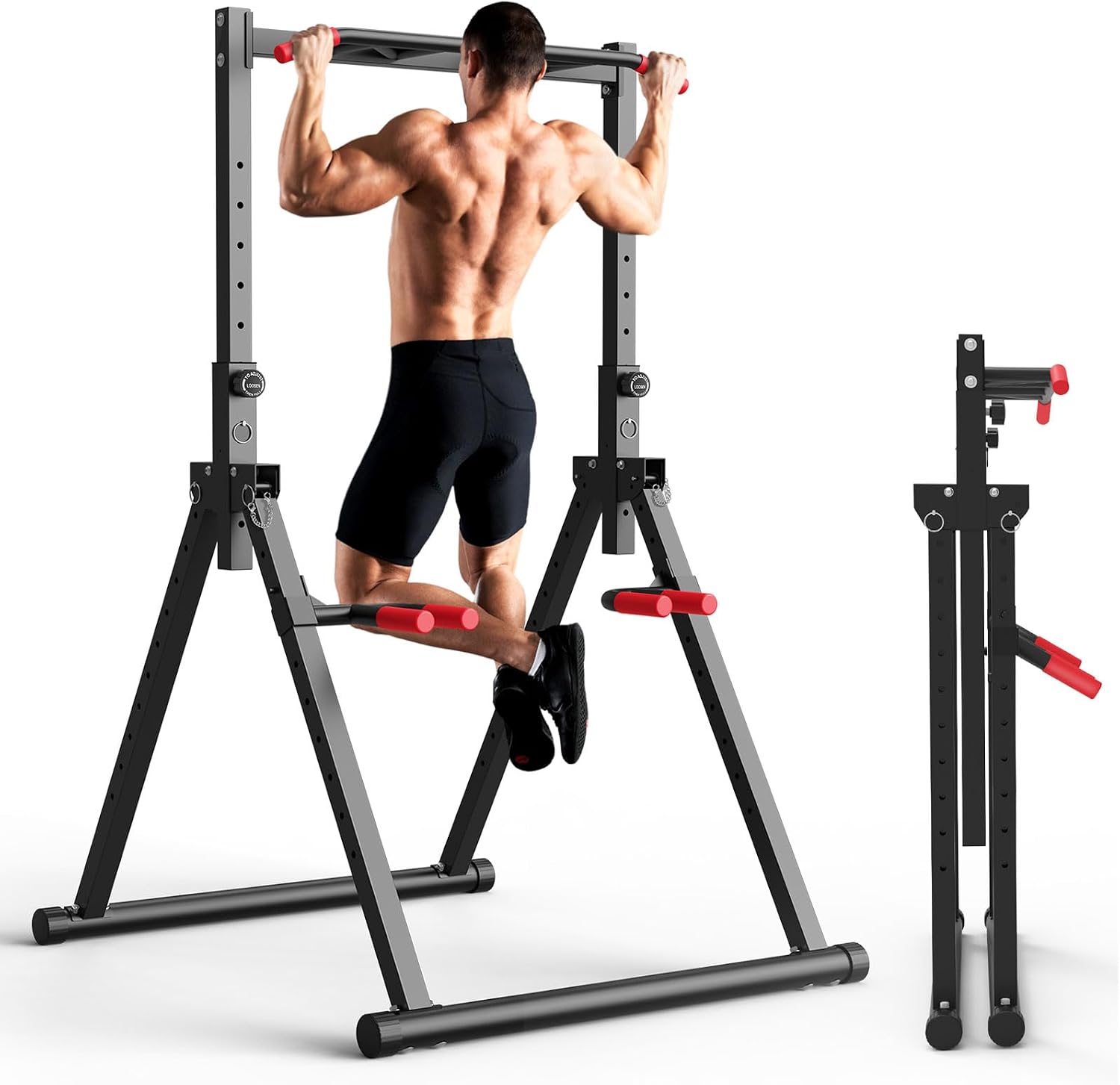 Home Gym Workout - 折りたたみ式パワータワーディップステーション、自立型懸垂バー付きワークアウトフレーム、頑丈なホームジム筋力トレーニング機器、懸垂、ディップス、腕立て伏せ用多機能ボディウェイトフィットネスタワー、ブラック