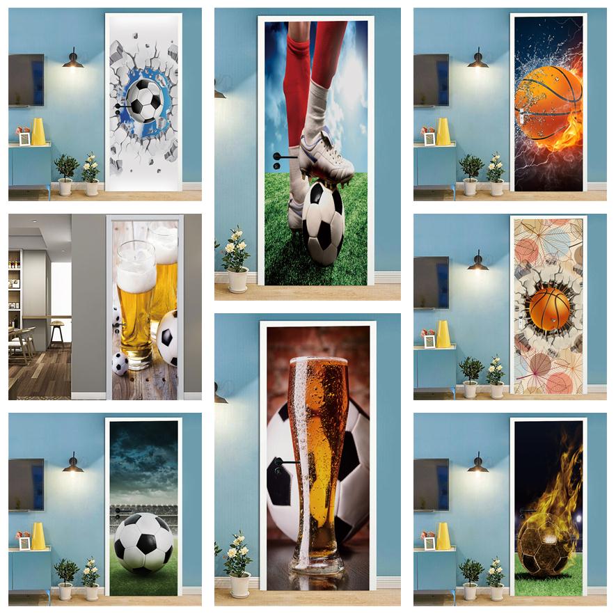 Home Gym Decor - サッカーバスケットボールの壁紙,3Dドア,寝室の装飾,粘着ポスター,取り外し可能なウォールステッカー