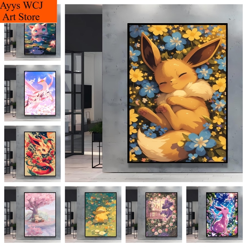 Home Gym Decor - 1pc フレームレスキャンバス絵画日本の古典的なアニメポケモンイーブイポスタープリントかわいい漫画のキャラクターキャンバス絵画リビング