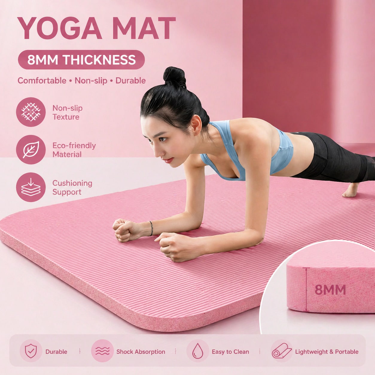 Home Gym Yoga Mat - 185*61CM ピンクの滑り止めヨガマットセット衝撃吸収快適エクササイズパッドポータブル軽量フィットネスアクセサリーヨガピラティスジムワークアウトホームデイリートレーニング用ローカル配送可能